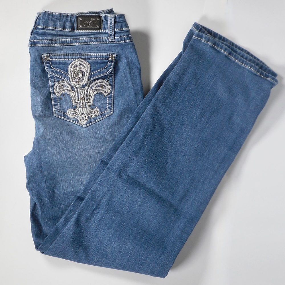 Earl Jeans 12 Denim Blue Straight Leg Bling Flap Pocket 32 x30.5 Fleur De Lis - Picture 2 of 10